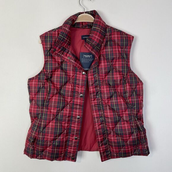 Lands' End Womens Puffer Down Vest Size Med 10-12 Red Tartan Plaid Lightweight